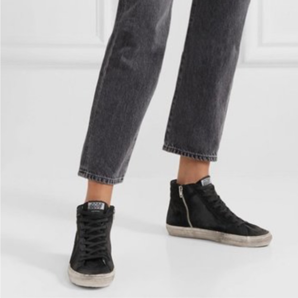 Golden Goose Slide- Black Suede Sneakers Distressed Look Lace-Up - Picture 2 of 9